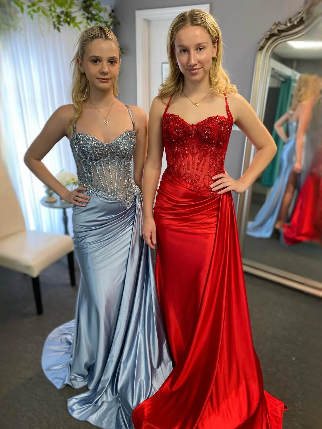 Light blue and red beaded corset mermaid prom dresses with side slits