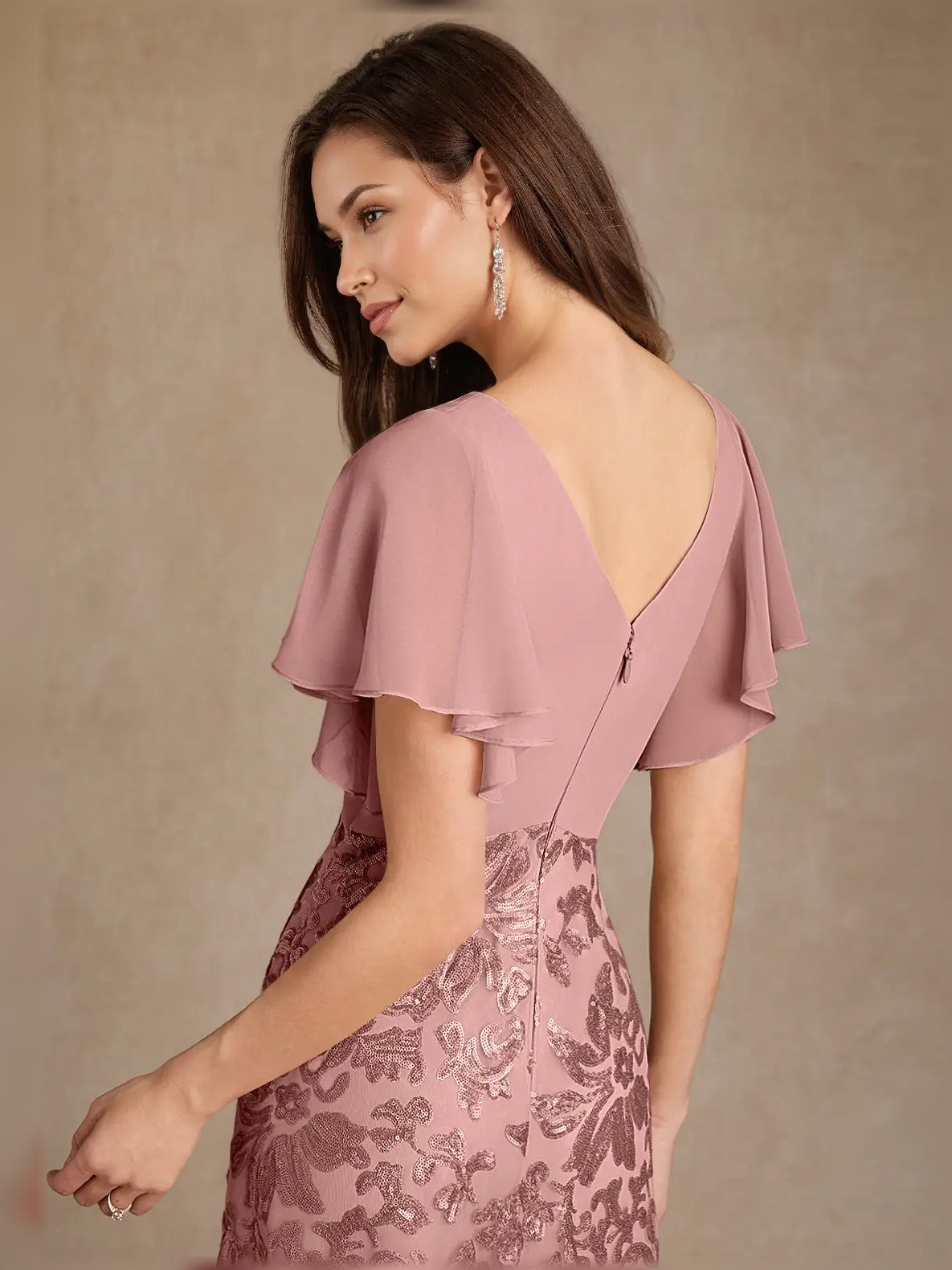 Dusty rose A-line maxi chiffon dress side/back view with flutter sleeves and V-back