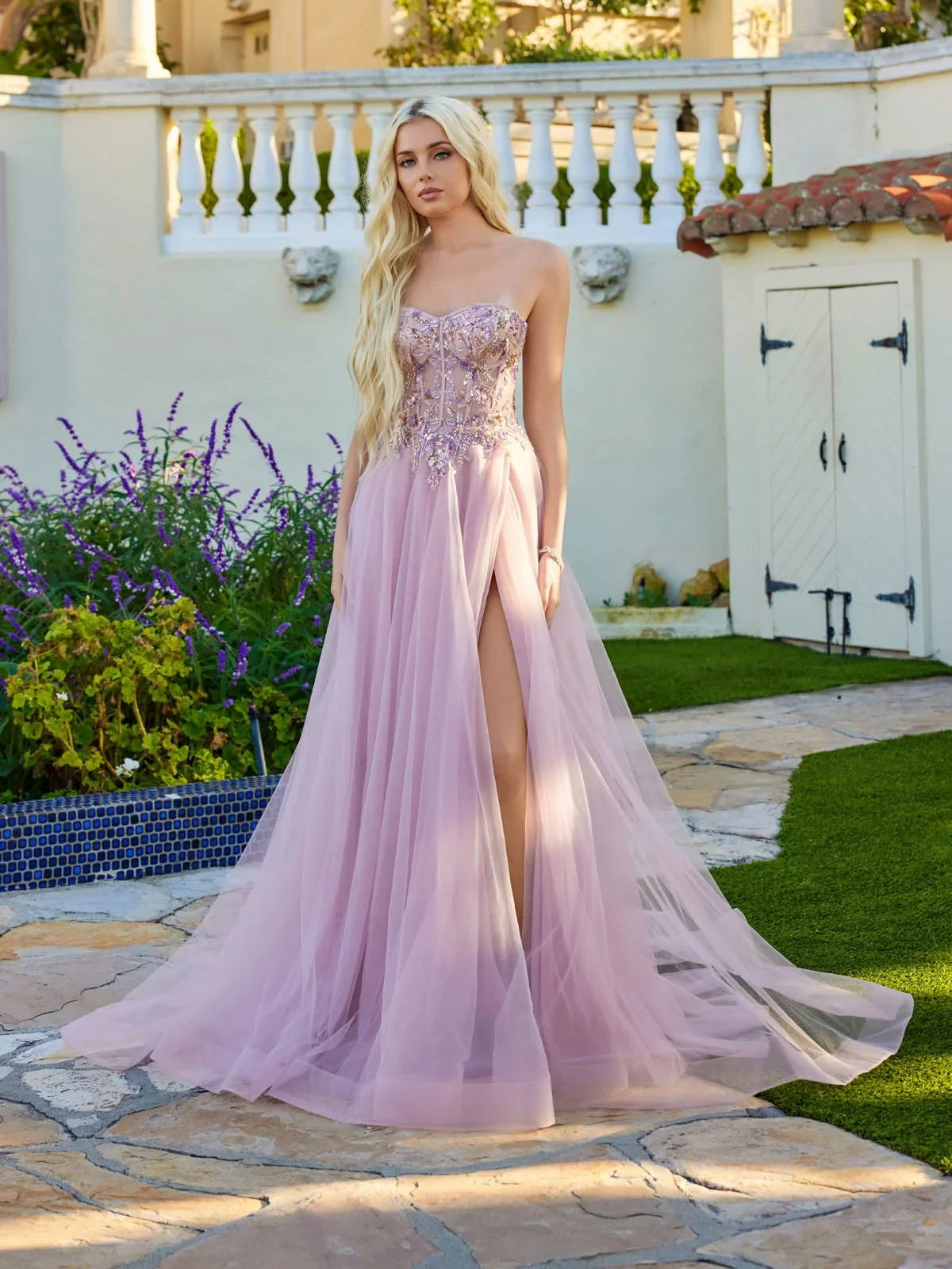 Dusty pink beaded corset tulle prom dress with sweetheart bodice and front slit