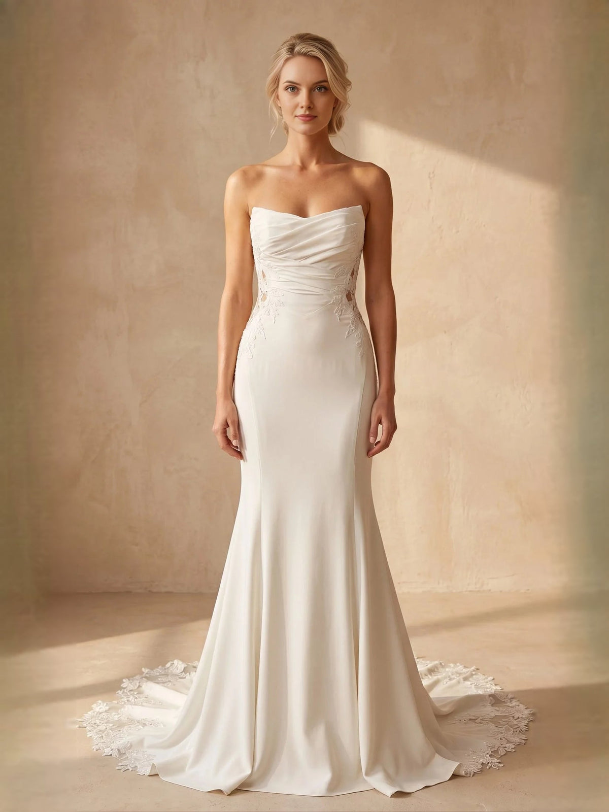 Ivory strapless mermaid wedding dress with ruched bodice and flowing skirt