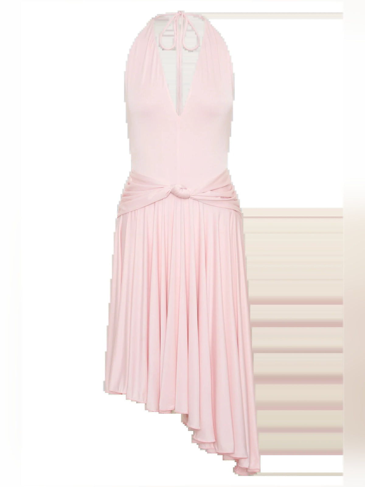 Pink open-back halter midi dress with tied waist and pleated drape skirt