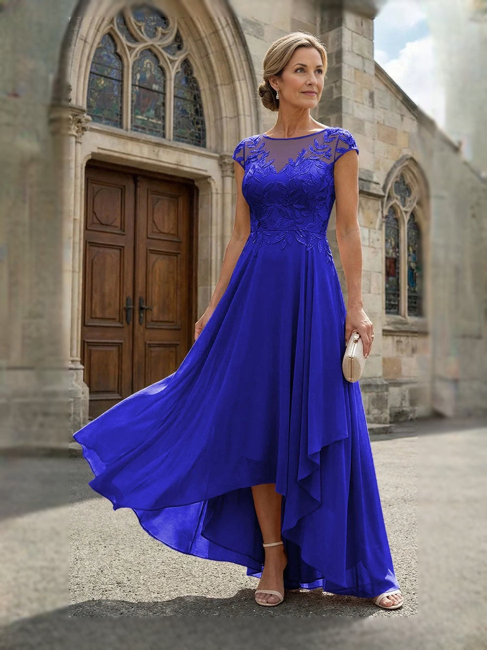 Royal blue chiffon mother-of-bride dress, embroidered V-neck, cap sleeves, high-low A-line