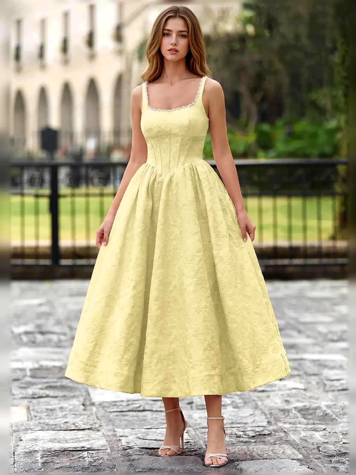 Lemon yellow square-neck corset tea-length formal dress, sleeveless with full skirt