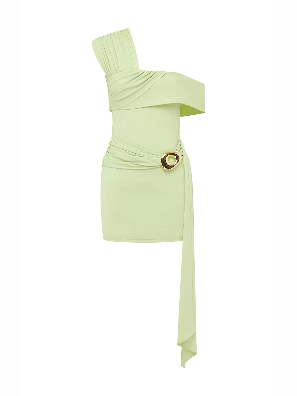 Lime green one-shoulder mini dress with draped long sash and gold oval buckle