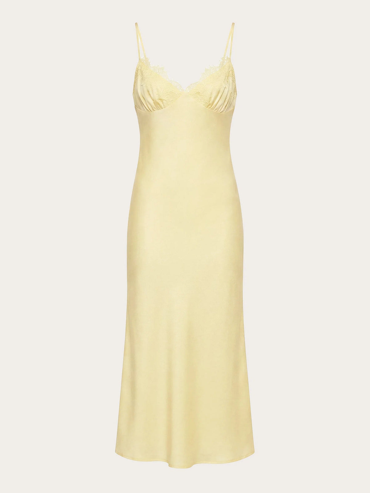 Yellow midi formal dress on hanger, lace-trimmed spaghetti straps and straight skirt