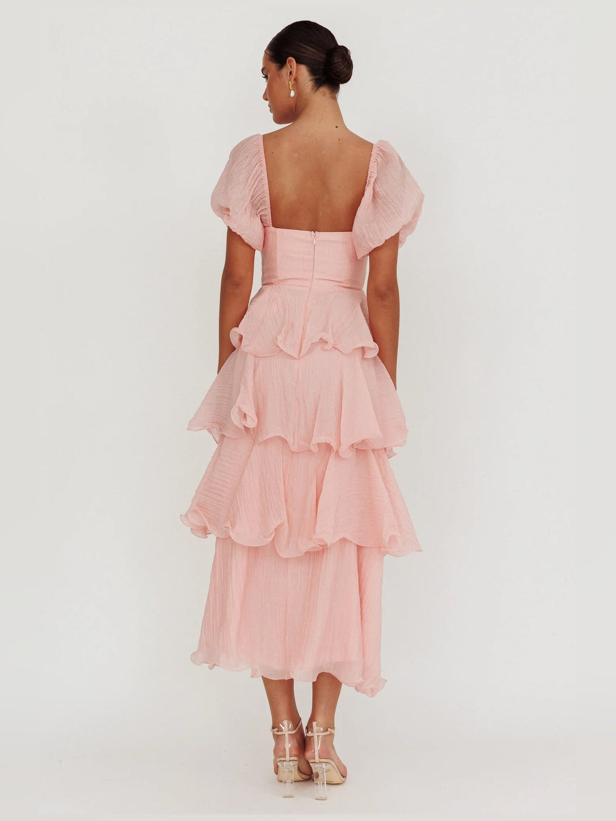 Baby Pink a-line midi formal dress with tiered skirt, alternate full-length view showing the shoulder line