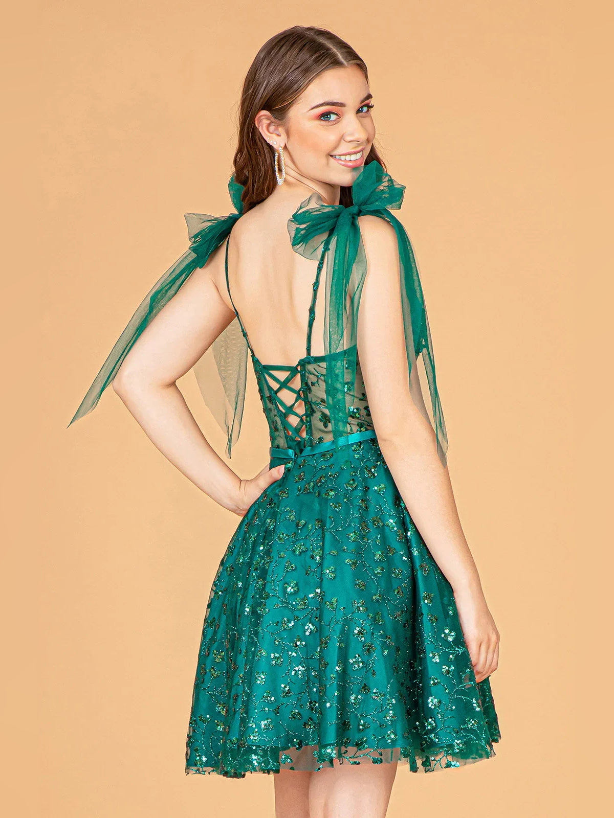 Teal floral corset mini tulle dress with crisscross back and bow shoulder straps