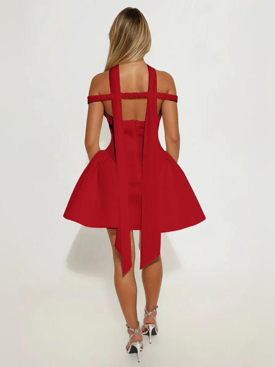 Red backless off-shoulder A-line mini dress with sheer straps across the back