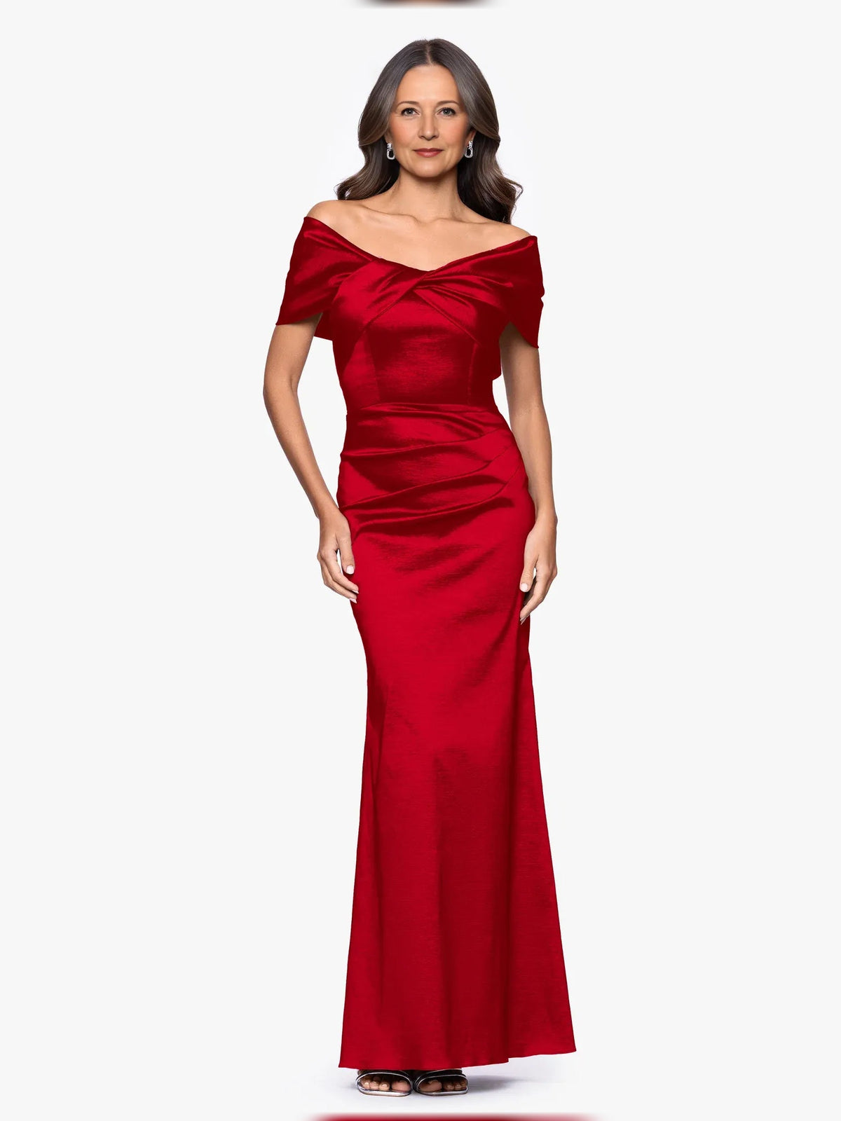 Red satin off-shoulder draped mermaid floor-length gown with pleated bodice