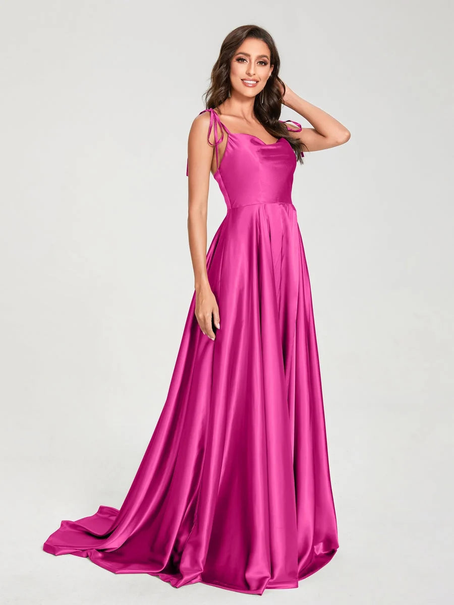 Fuchsia satin halter A-line formal dress with gathered waist and floor-length skirt