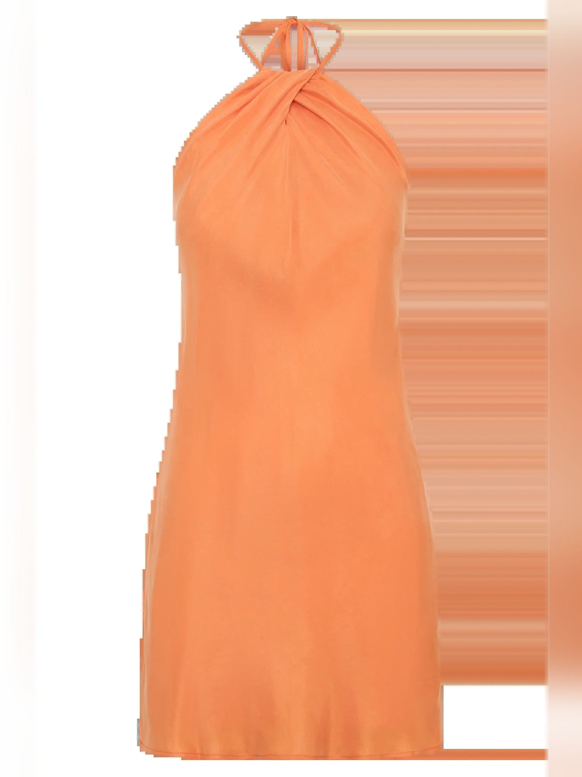 Orange halter mini dress with ruched back tie and pleated yoke