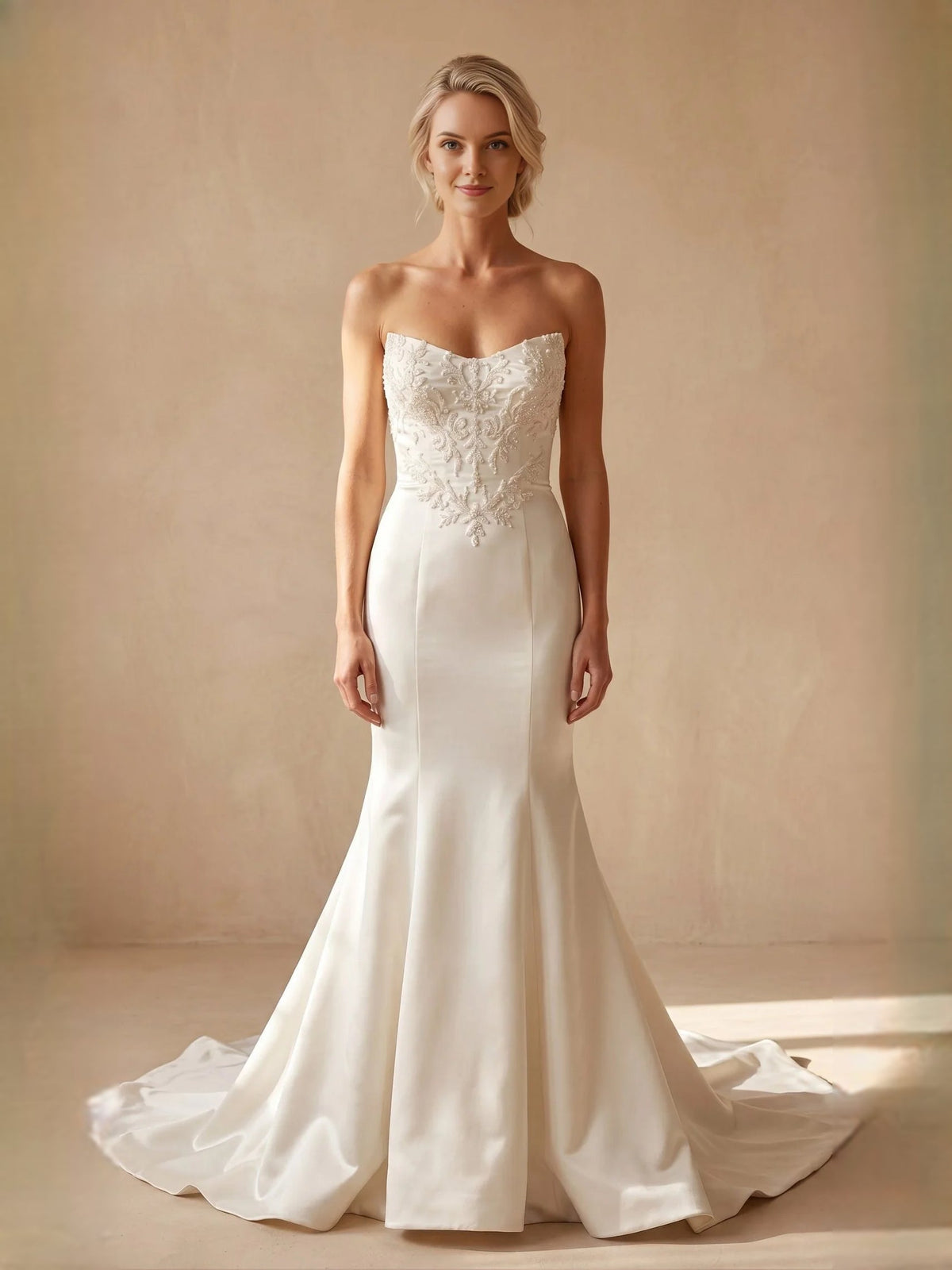 Ivory embroidered sweetheart mermaid satin wedding dress, spaghetti straps, long flare skirt