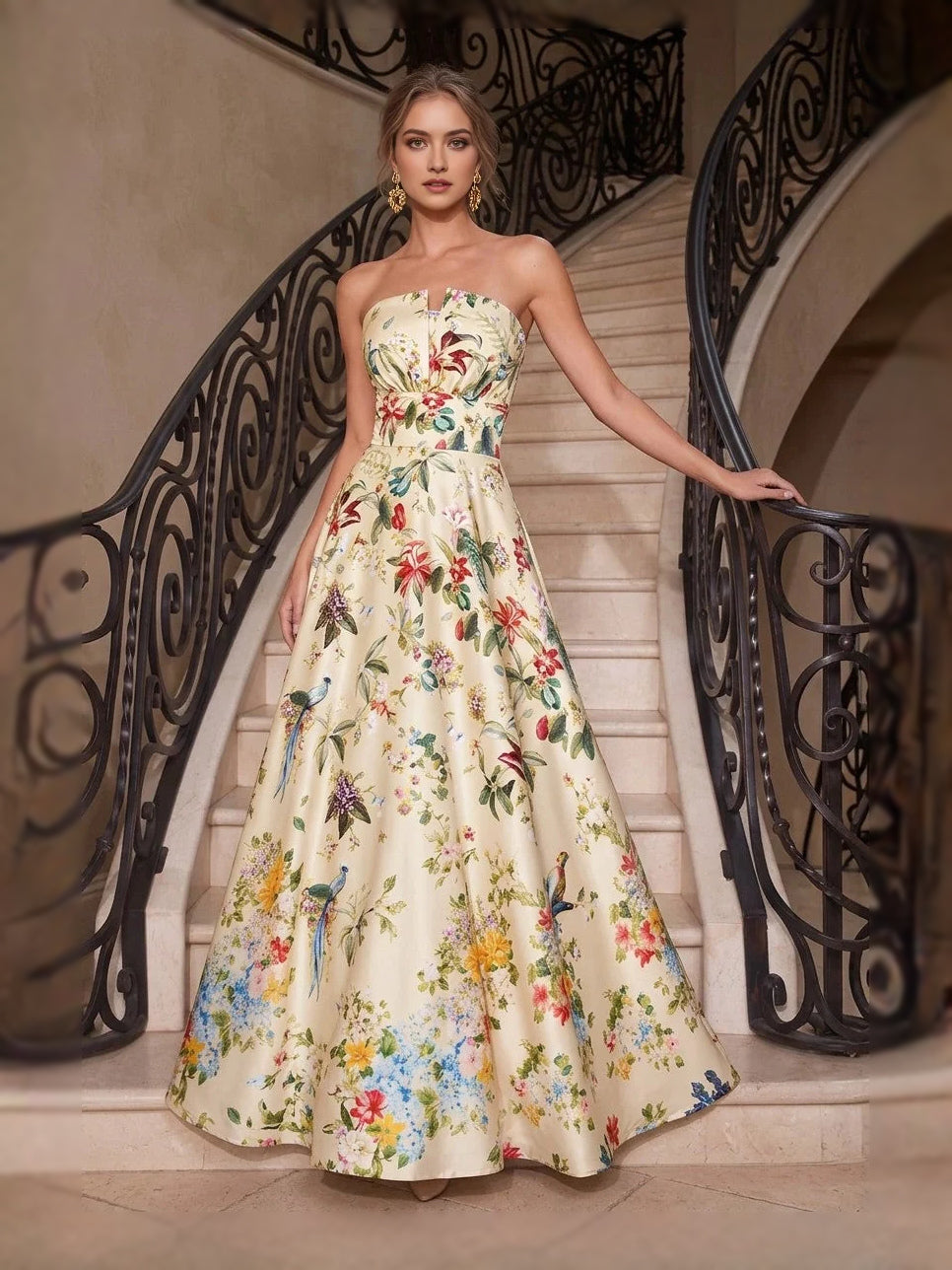 Floral strapless A-line prom dress in ivory satin, floor-length with fitted bodice