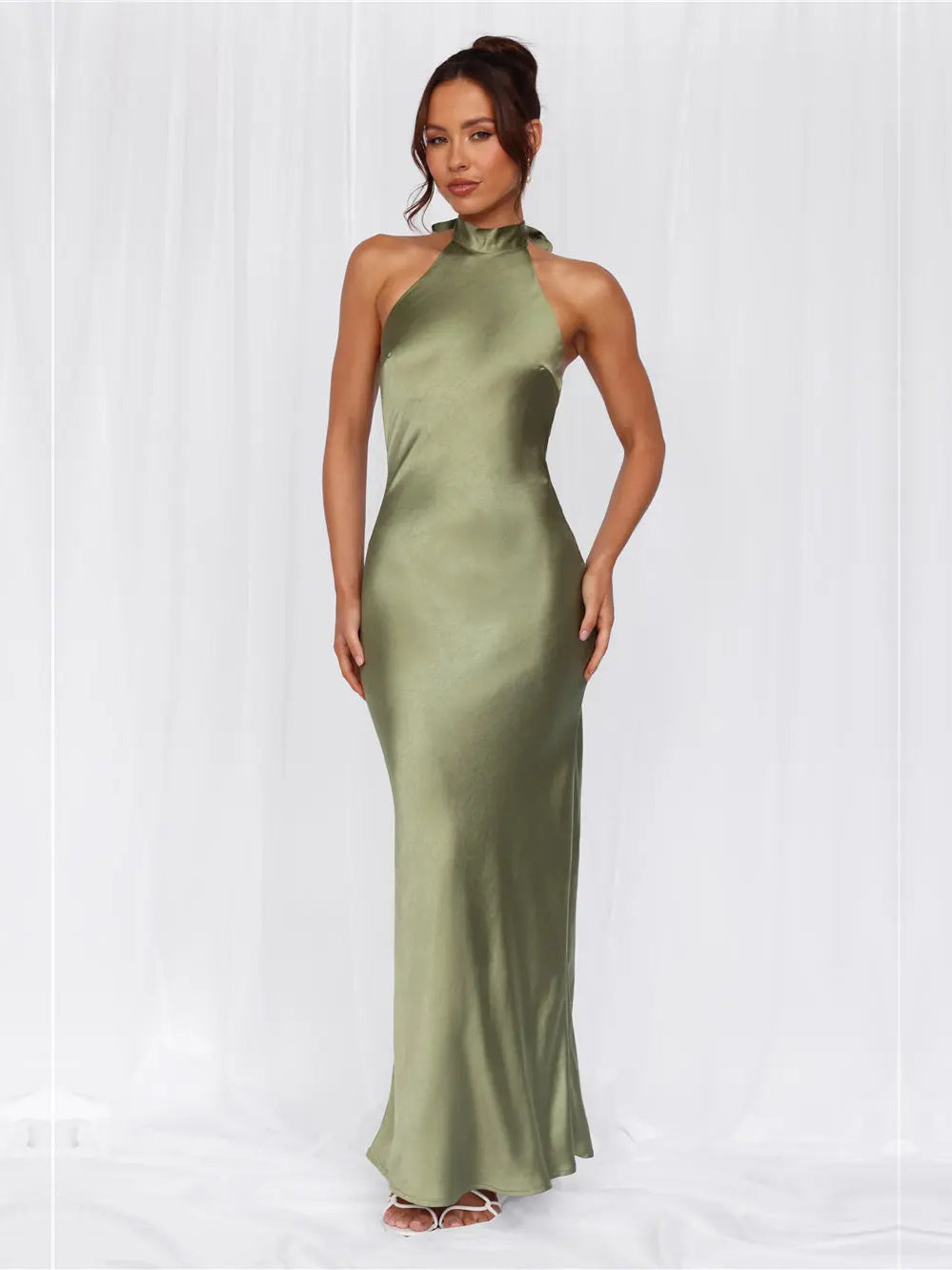 Olive sheath maxi formal dress with halter neckline, alternate view