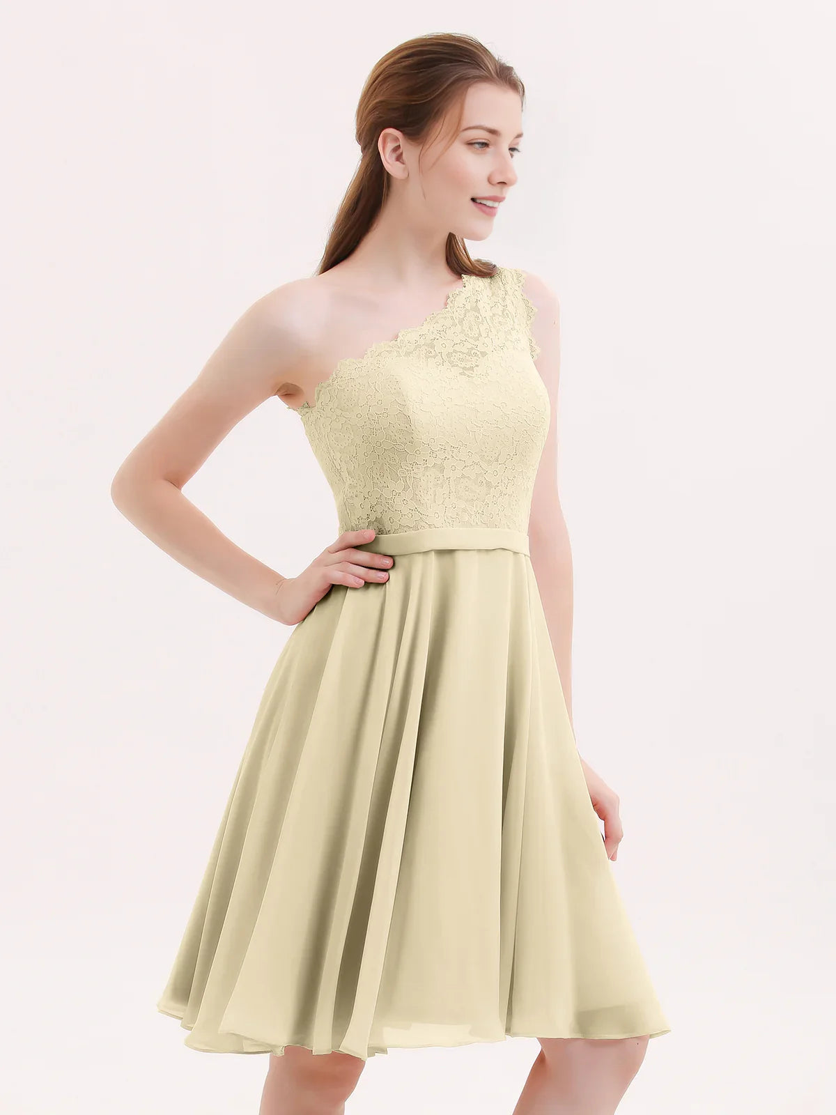 One-shoulder chiffon A-line short dress in champagne with textured bodice and pleated skirt
