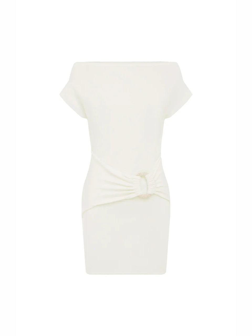 White off-shoulder fitted mini dress, flat lay front view with ruched waist knot