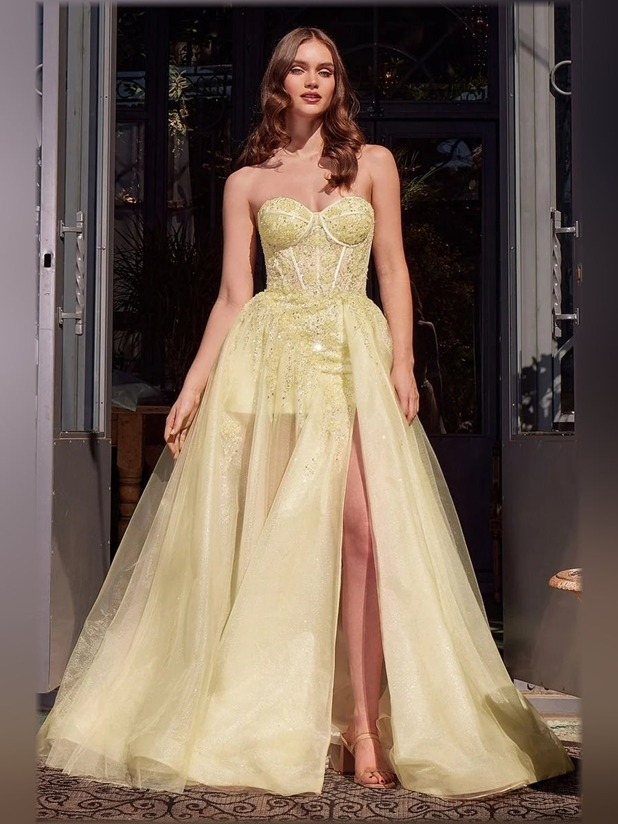 Light yellow strapless corset formal dress with sweetheart neckline and floor-length skirt
