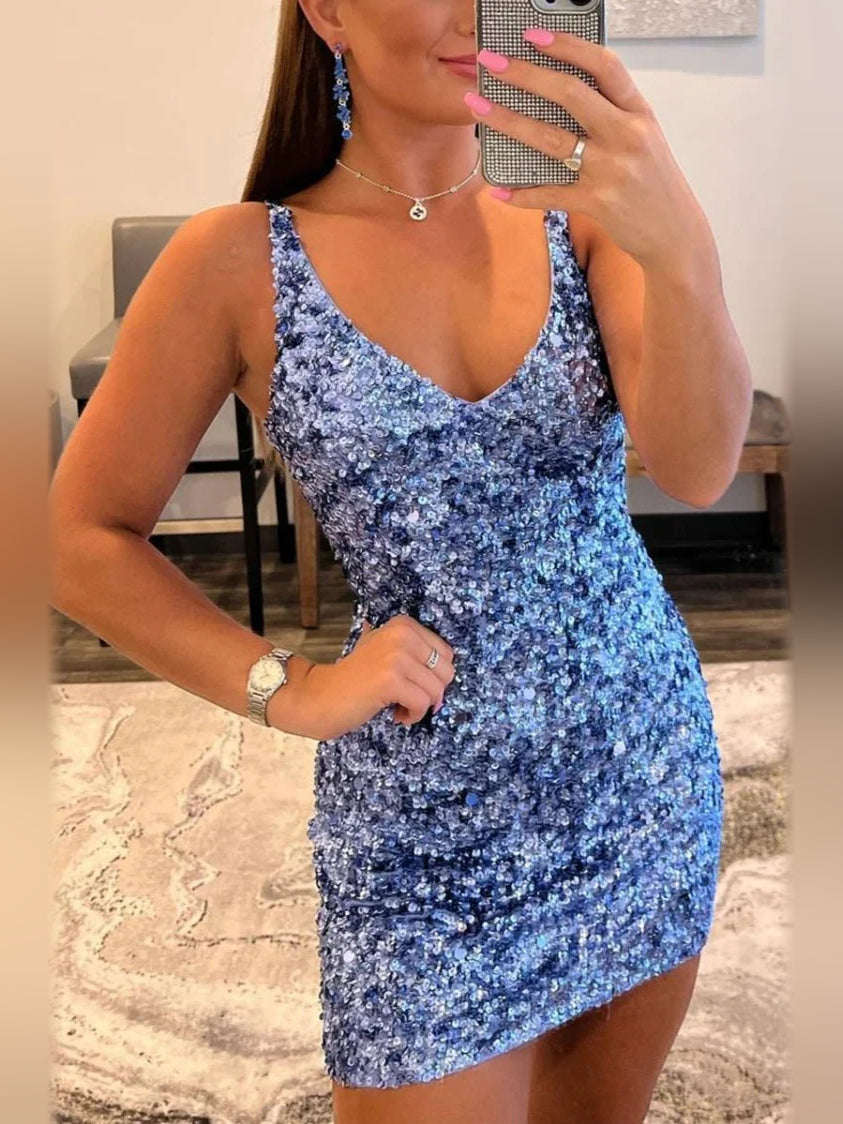Ruched V-neck mini dress in blue with thin straps, sparkly sequin bodycon fit