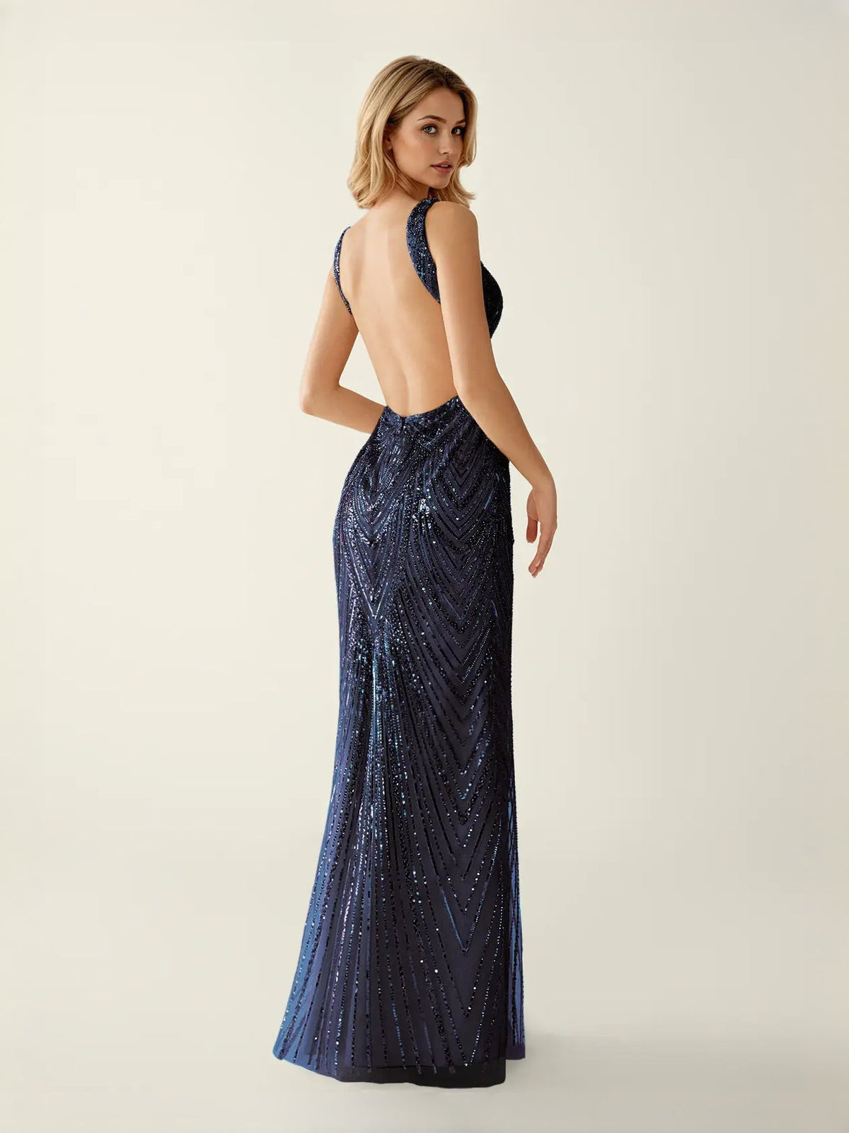 Dark navy sequin mermaid maxi prom dress with V-neck, sleeveless, back view