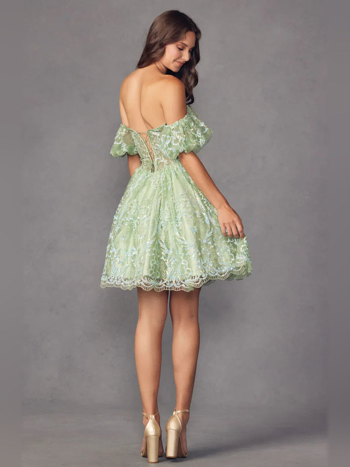Mint green corset A-line short tulle dress with off-shoulder lace ruffle sleeves (back view)