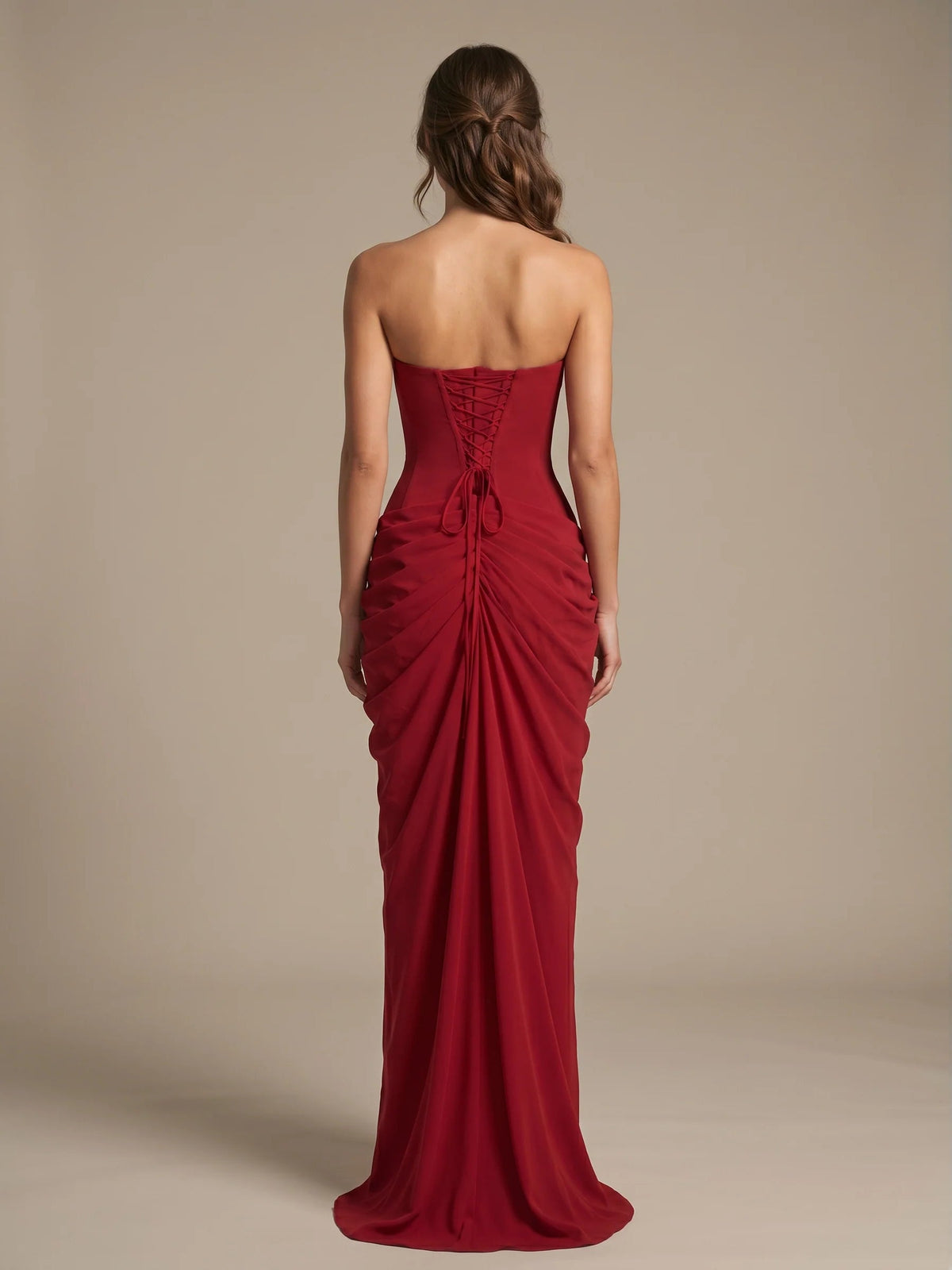 Red strapless mermaid maxi chiffon dress with ruched drape and drawstring detail