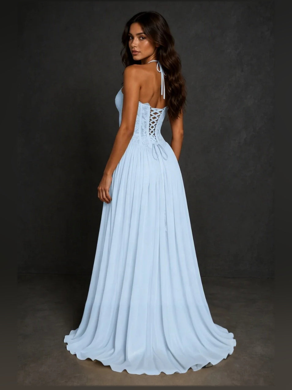 Light blue sweetheart A-line prom dress with lace bodice and pleated floor-length skirt