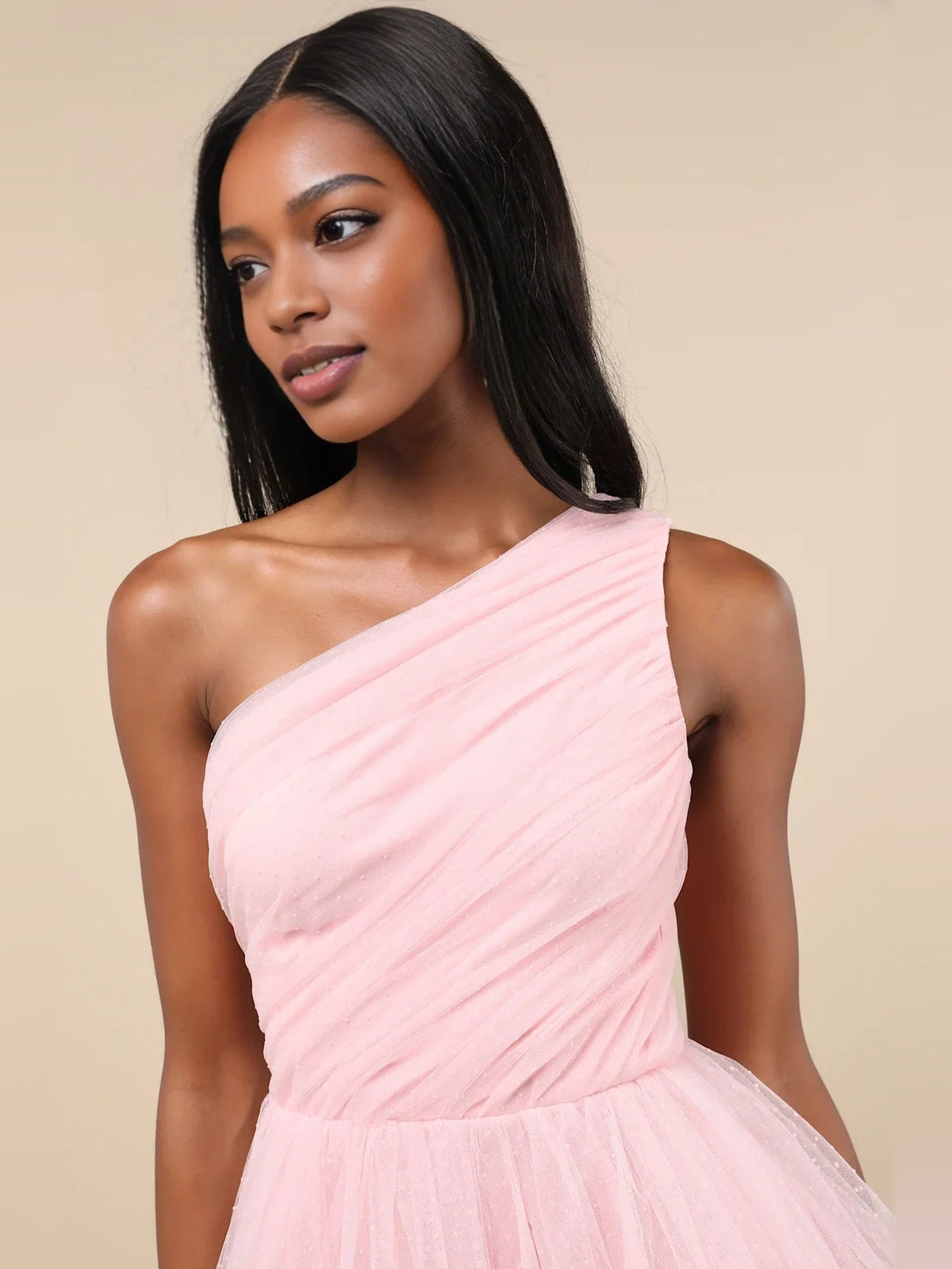 Blush pink draped V-neck mini A-line satin dress, sleeveless ruched bodice