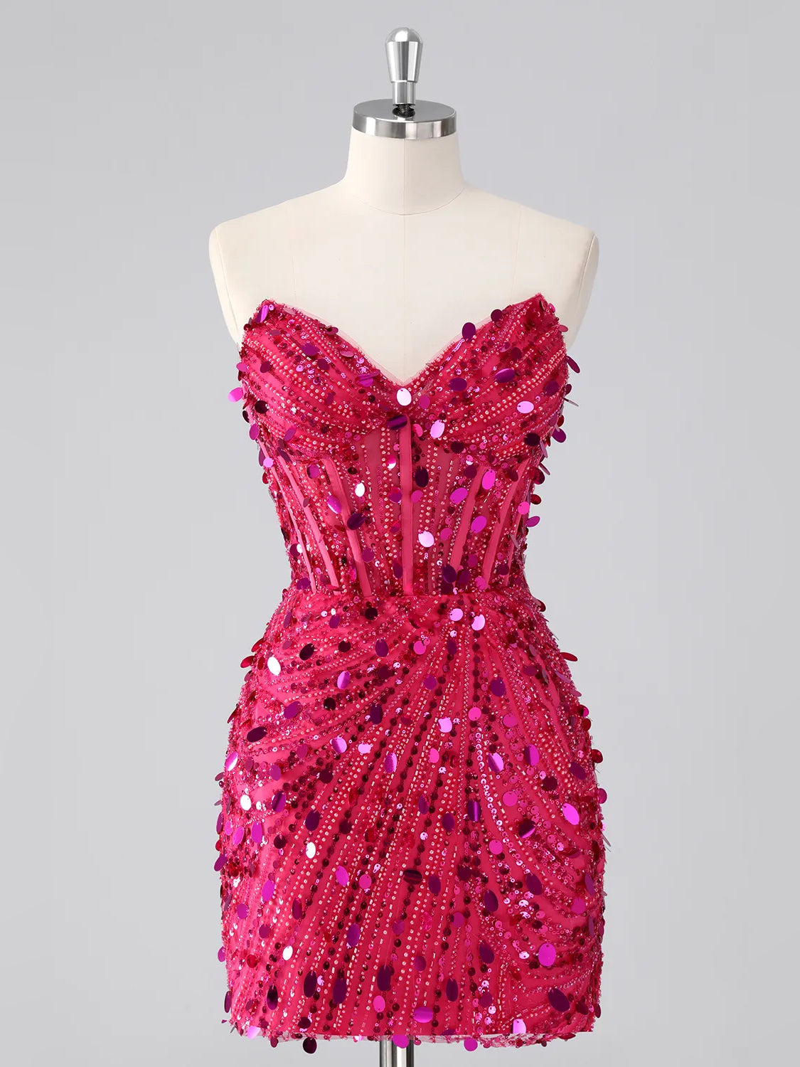 Hot pink sequin corset sweetheart mini dress with fitted sheath silhouette