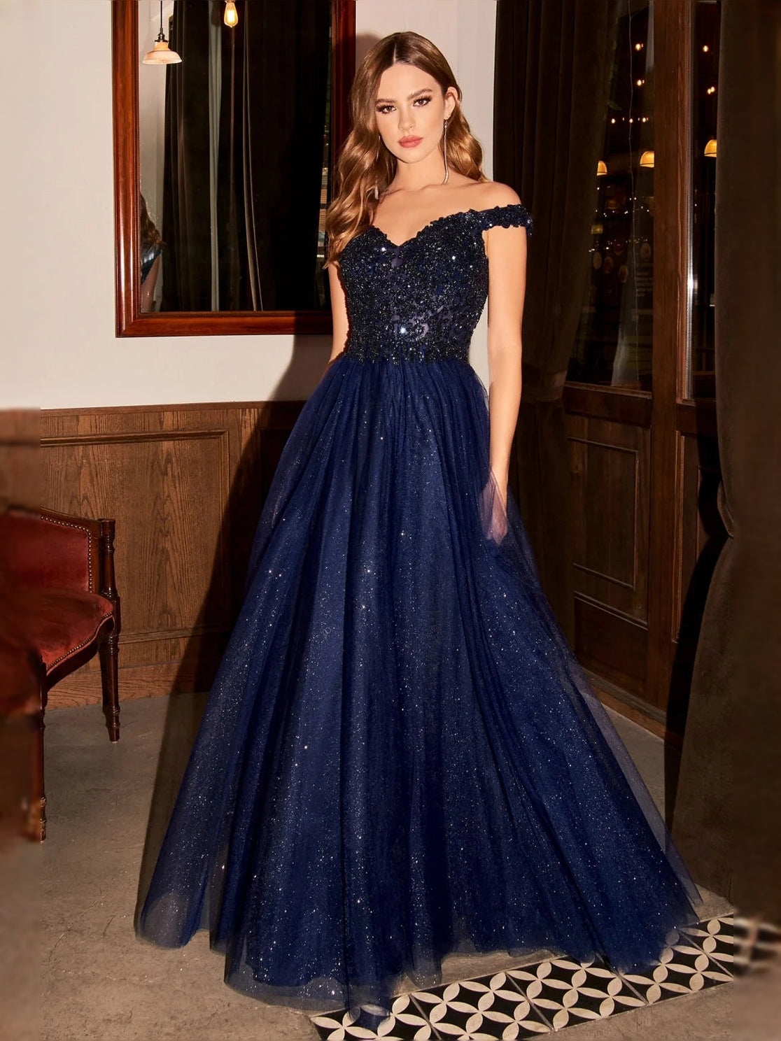 Navy blue off-shoulder A-line prom dress with glitter bodice and layered tulle skirt