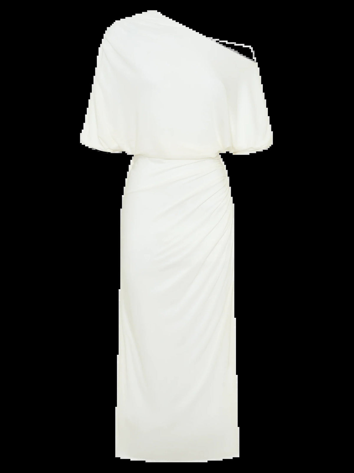 White draped one-shoulder midi dress outline with gathered waist and short sleeve