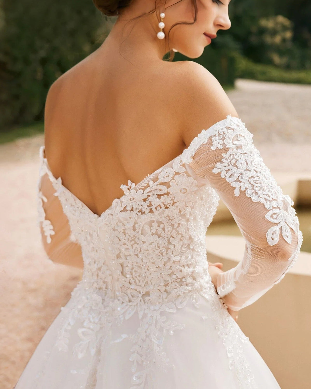 off-shoulder lace sleeve tulle wedding ball gown - image 8