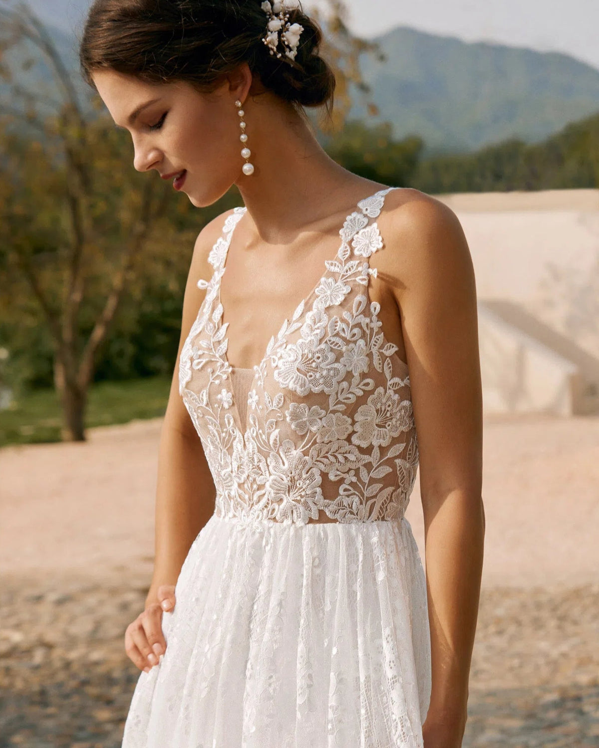 plunging v-neck lace embroidered a-line wedding dress - image 8