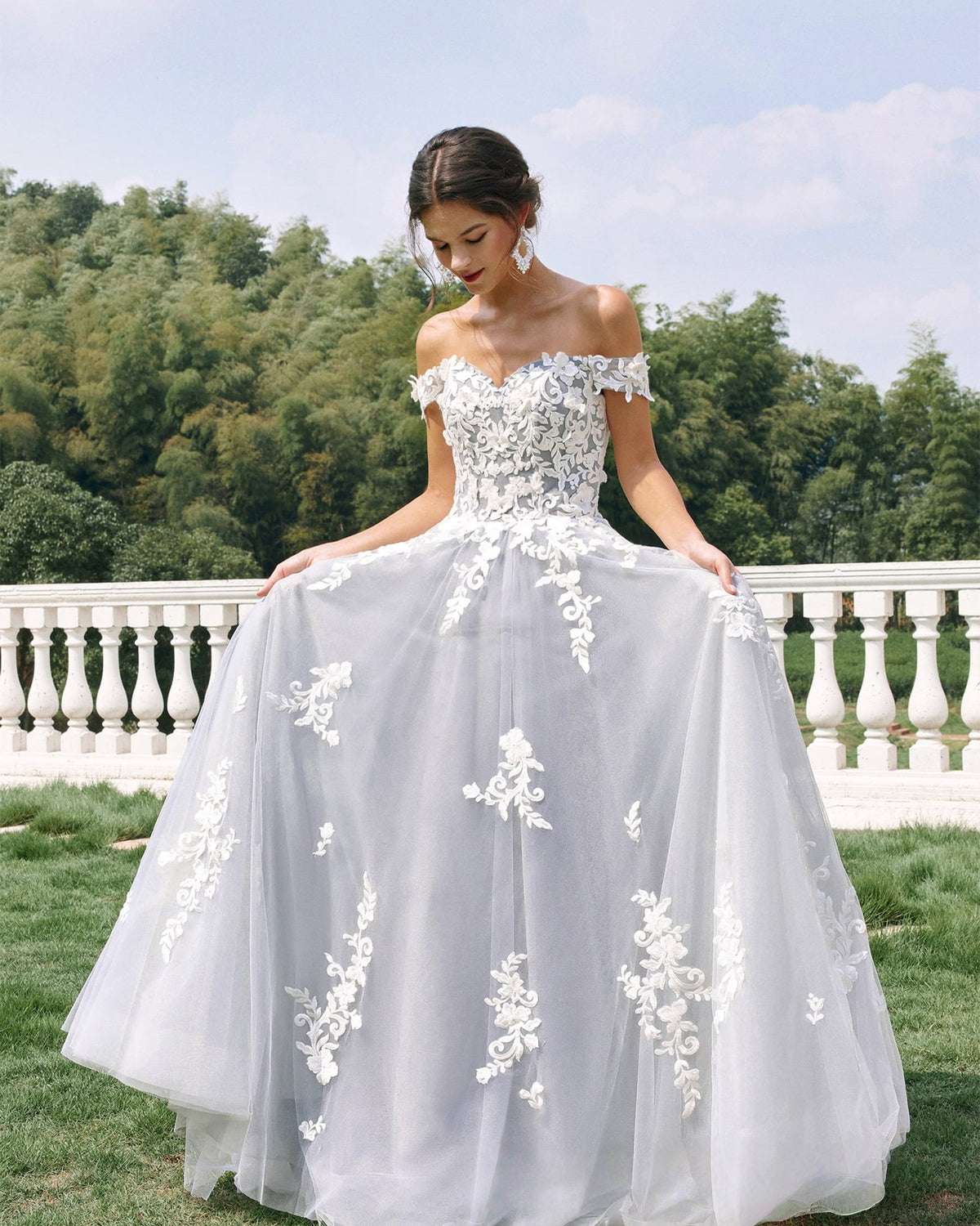 off-shoulder lace applique tulle ball gown wedding dress - image 8