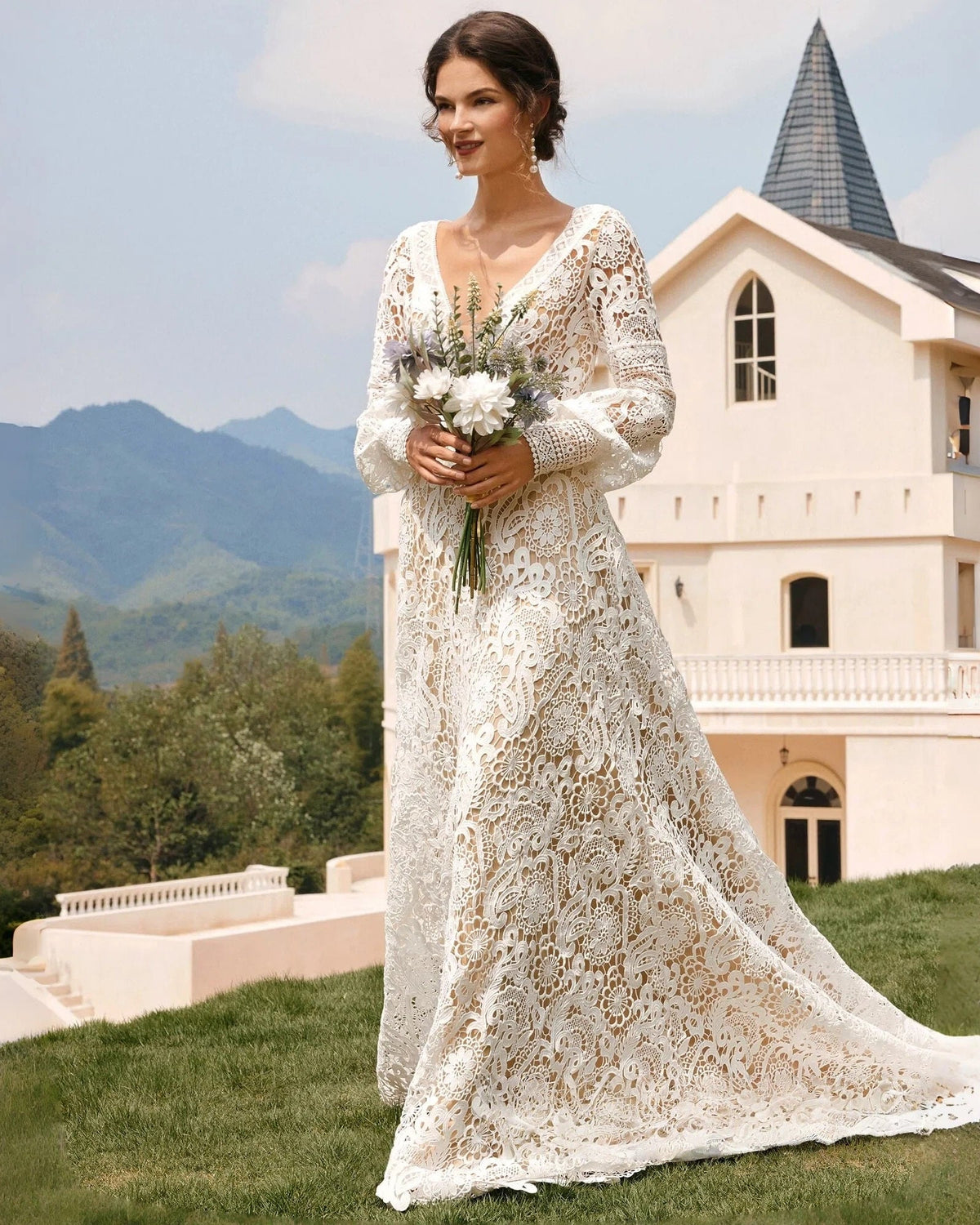 boho bishop sleeve crochet lace wedding dress - image 8