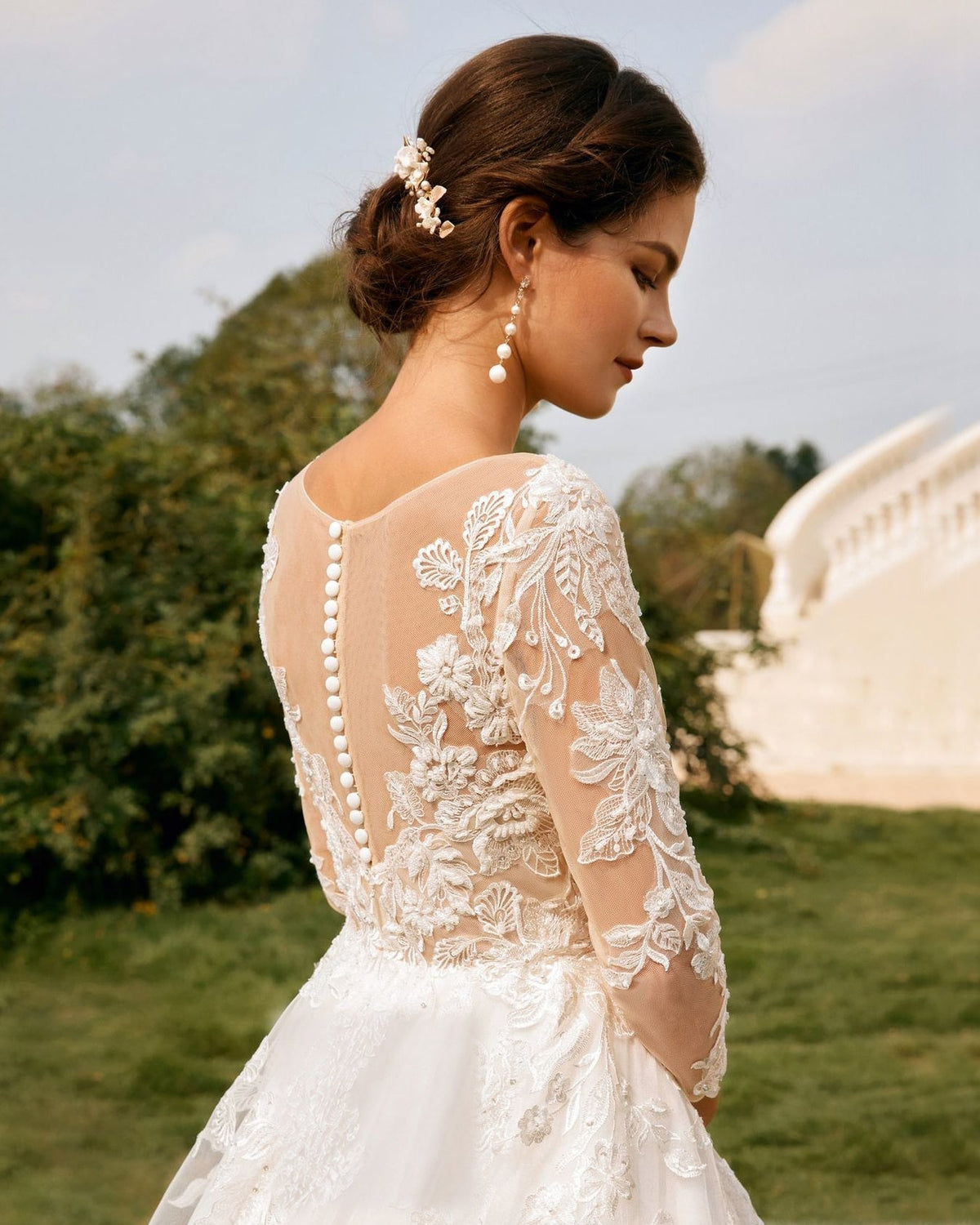bateau neck lace sleeve tulle a-line wedding dress - image 8