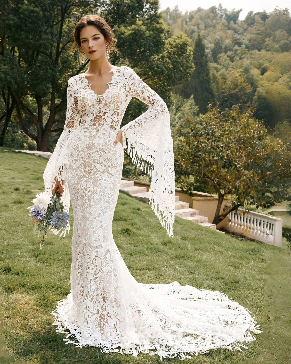 fringe bell sleeve lace mermaid wedding dress - image 8