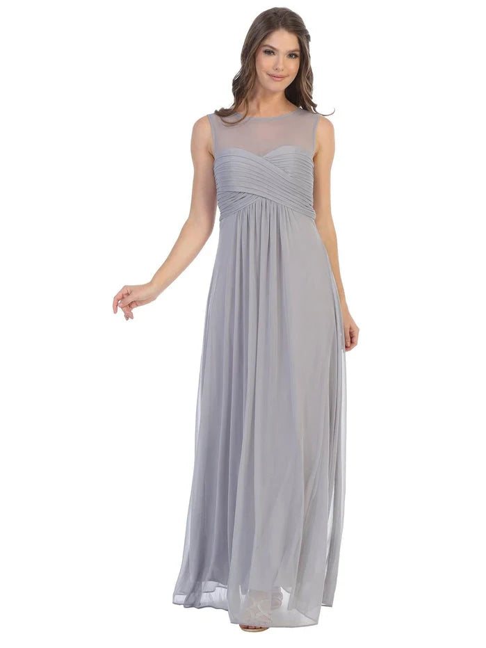 Silver gray chiffon A-line maxi dress with sleeveless illusion neckline and gathered skirt.