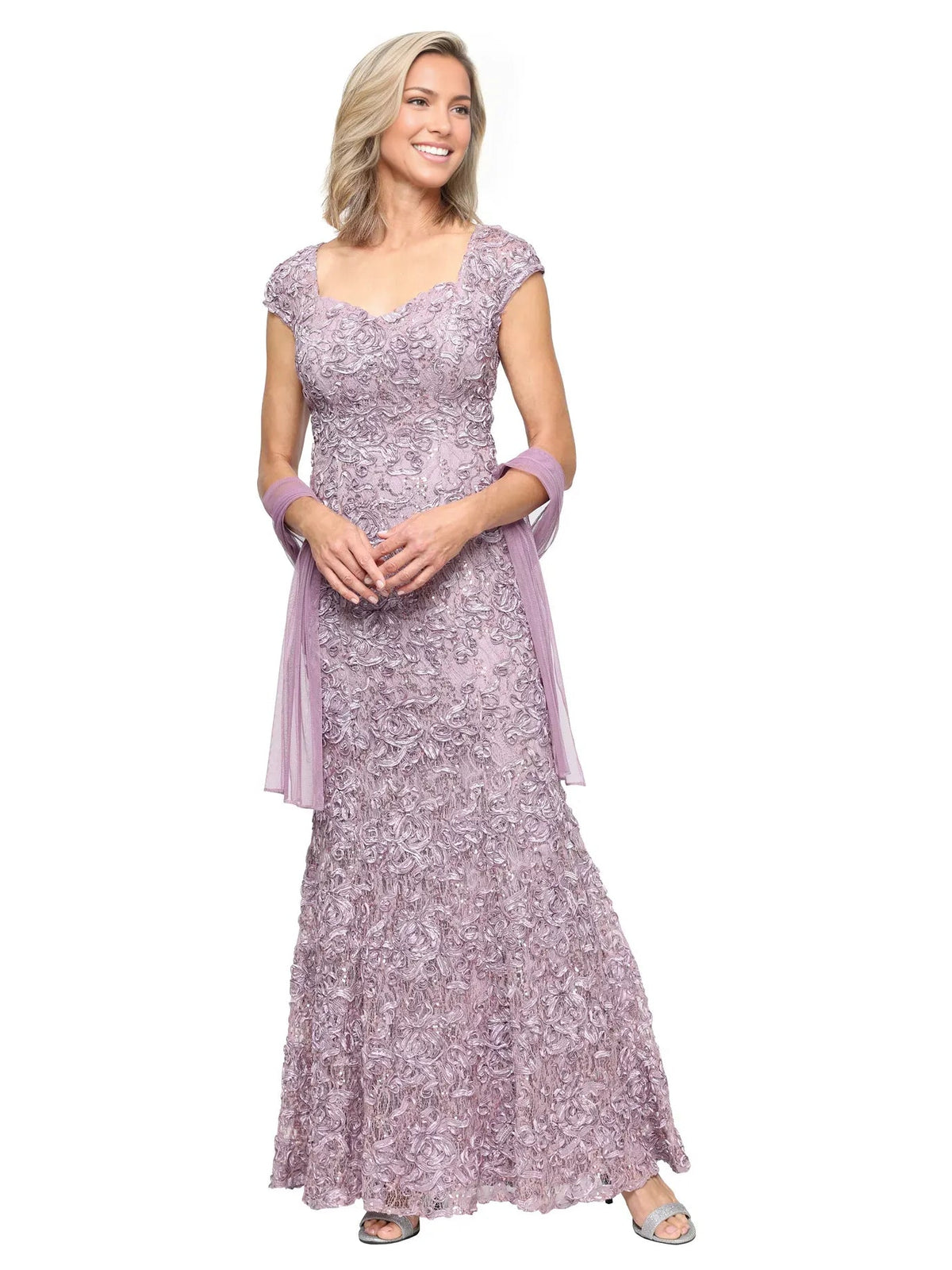 Mauve sweetheart mermaid formal dress with cap sleeves and subtle textured beadwork