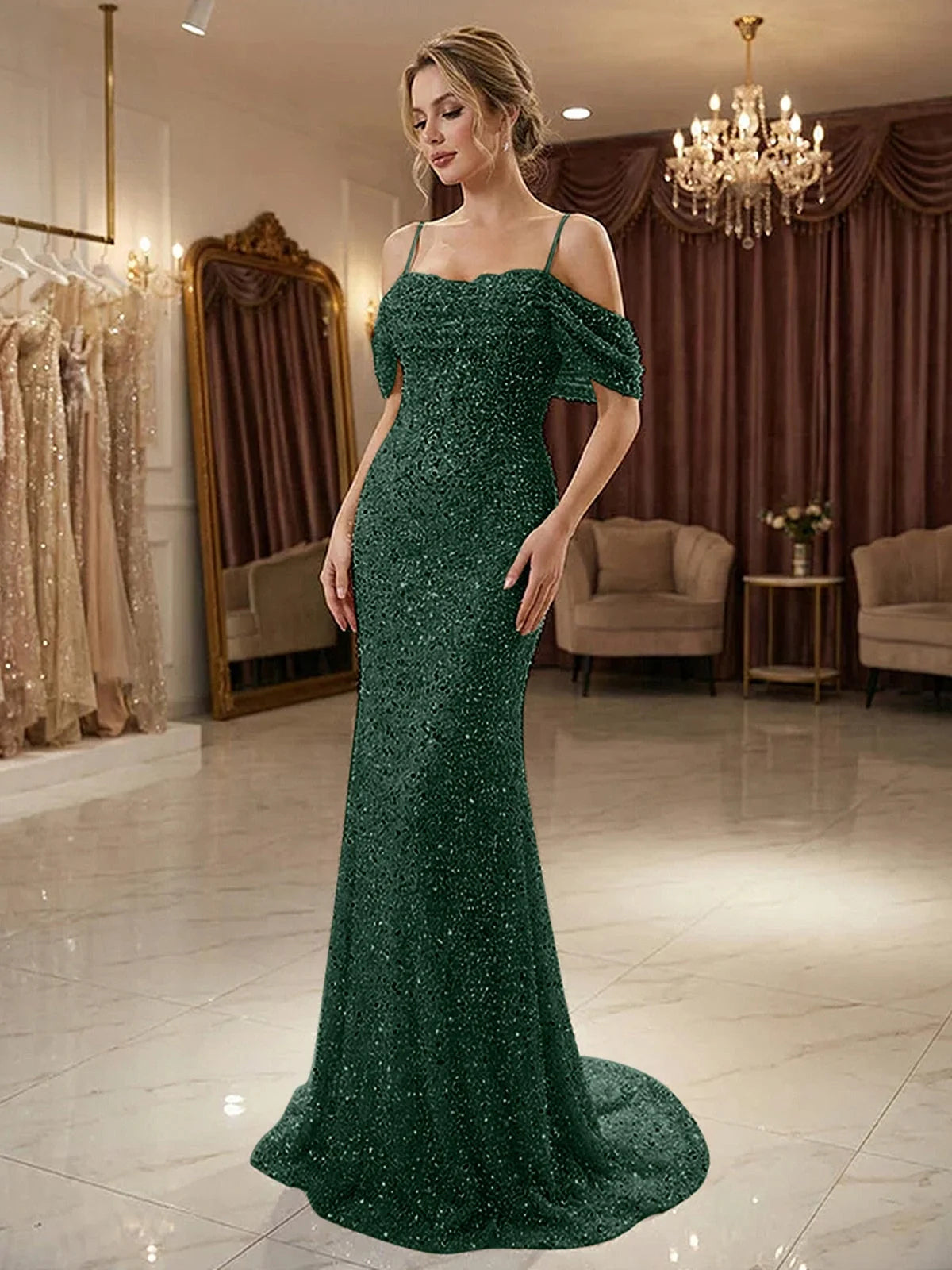 Emerald green sequin mermaid prom dress with off-shoulder ruffle neckline, front view