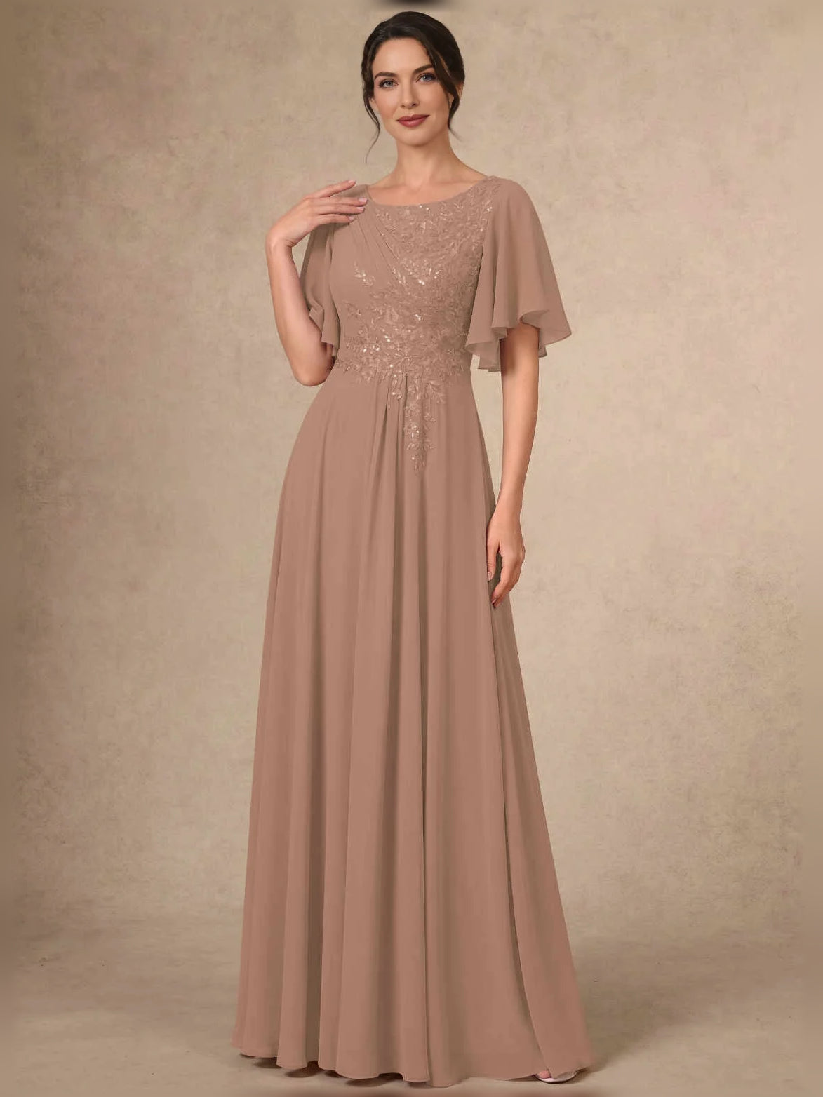 Champagne sequin bateau-neck A-line maxi chiffon dress with flutter sleeves