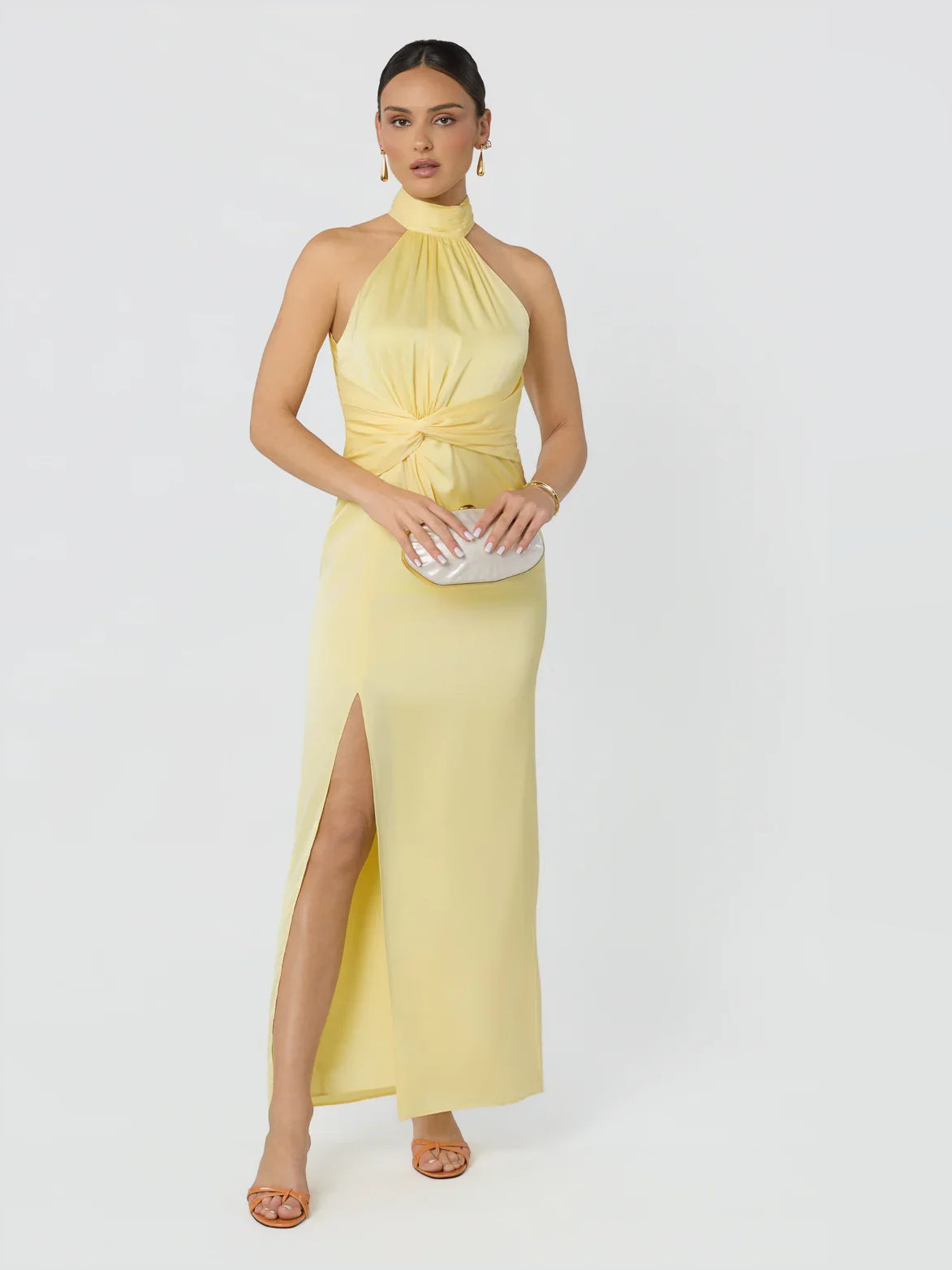 Lemon halter neck fitted dress with front slit and gathered waist