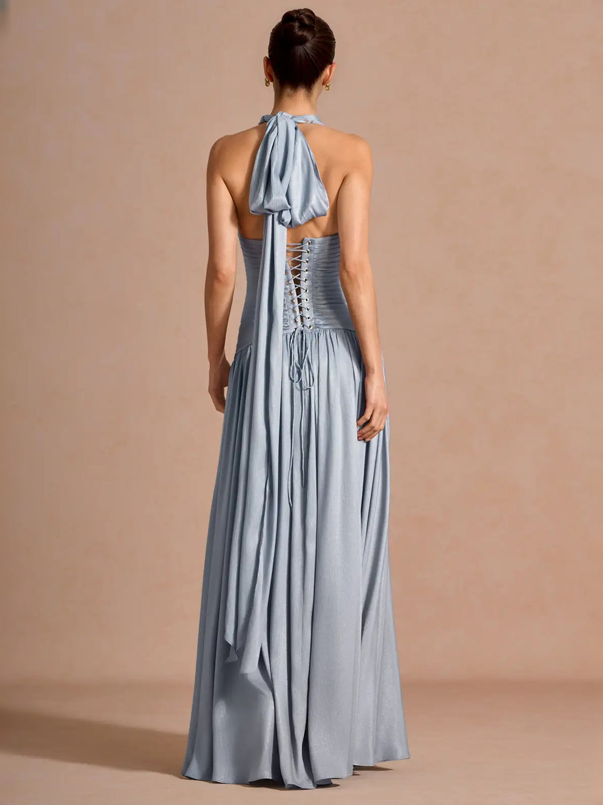 Powder blue open-back ruched corset maxi prom dress with flowing chiffon skirt