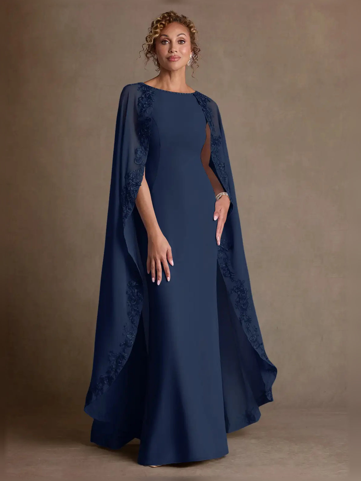 Dark navy chiffon sheath maxi dress with boat neck and sheer lace cape sleeves