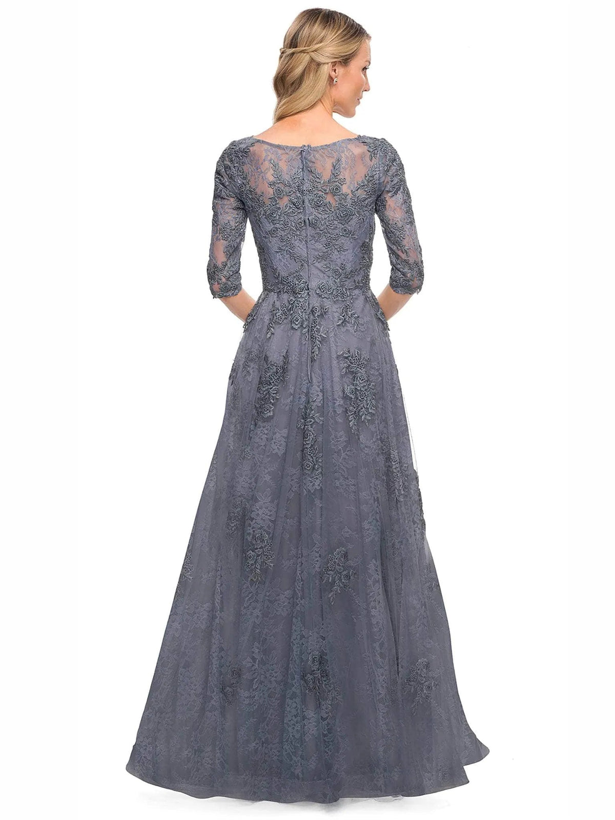 Slate blue embroidered floral A-line mother of the bride tulle dress, back view
