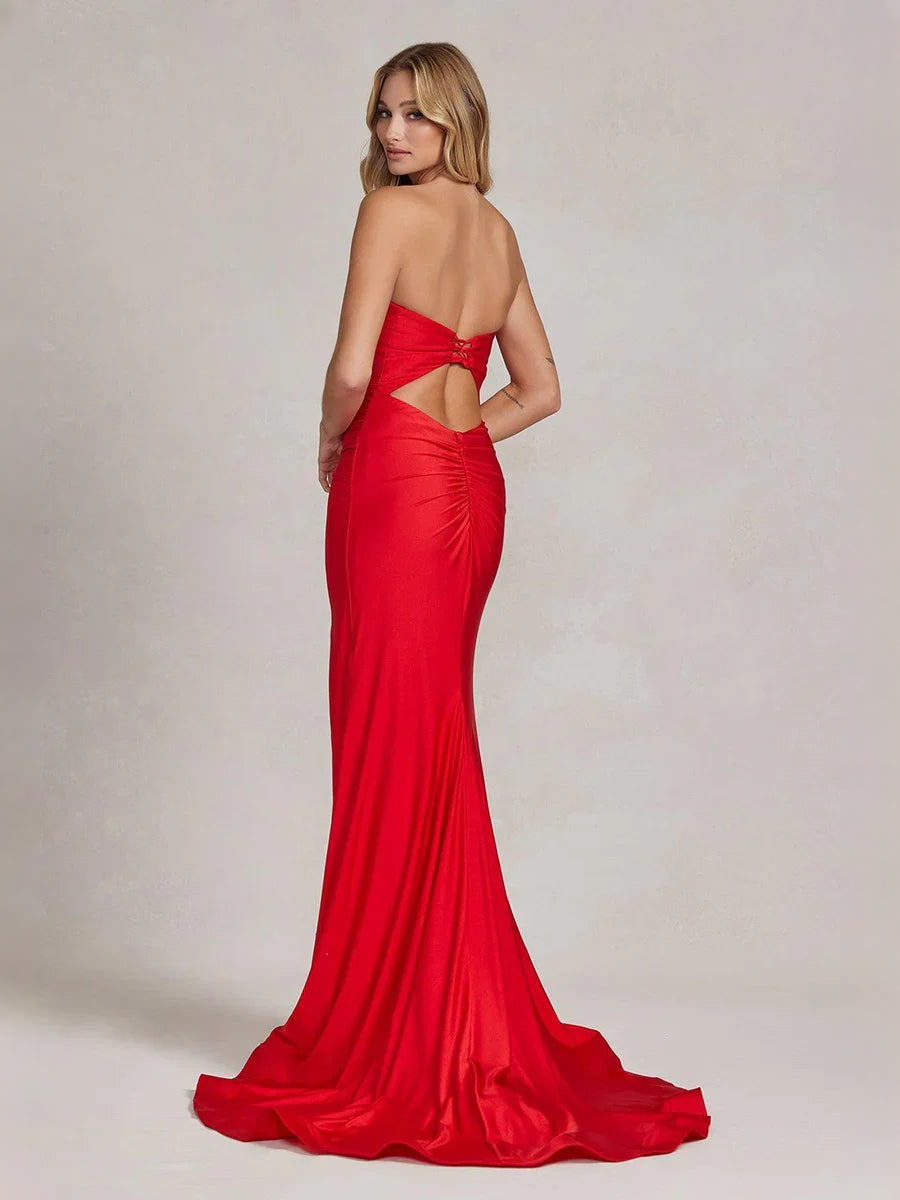Red strapless mermaid prom dress with ruched cut-out waist and front slit, satin finish