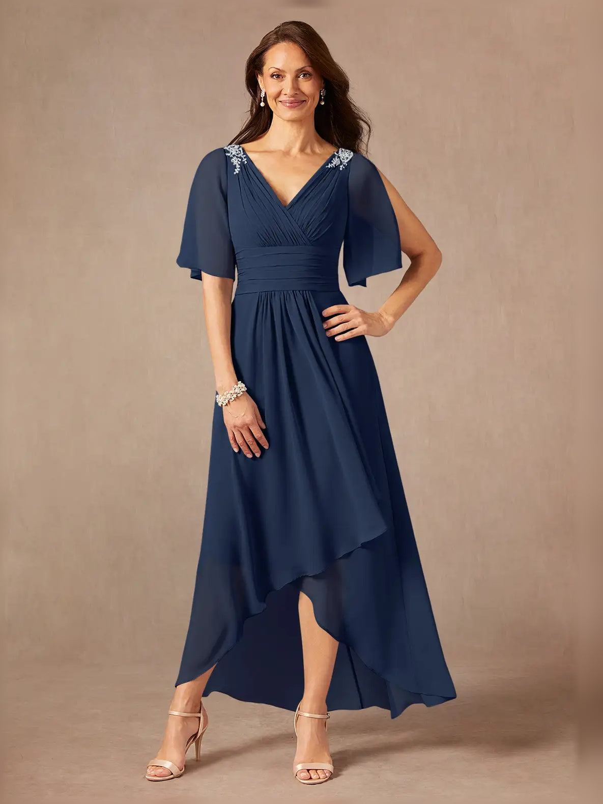Dark navy chiffon A-line midi dress, V-neck draped waist and embroidered shoulder details