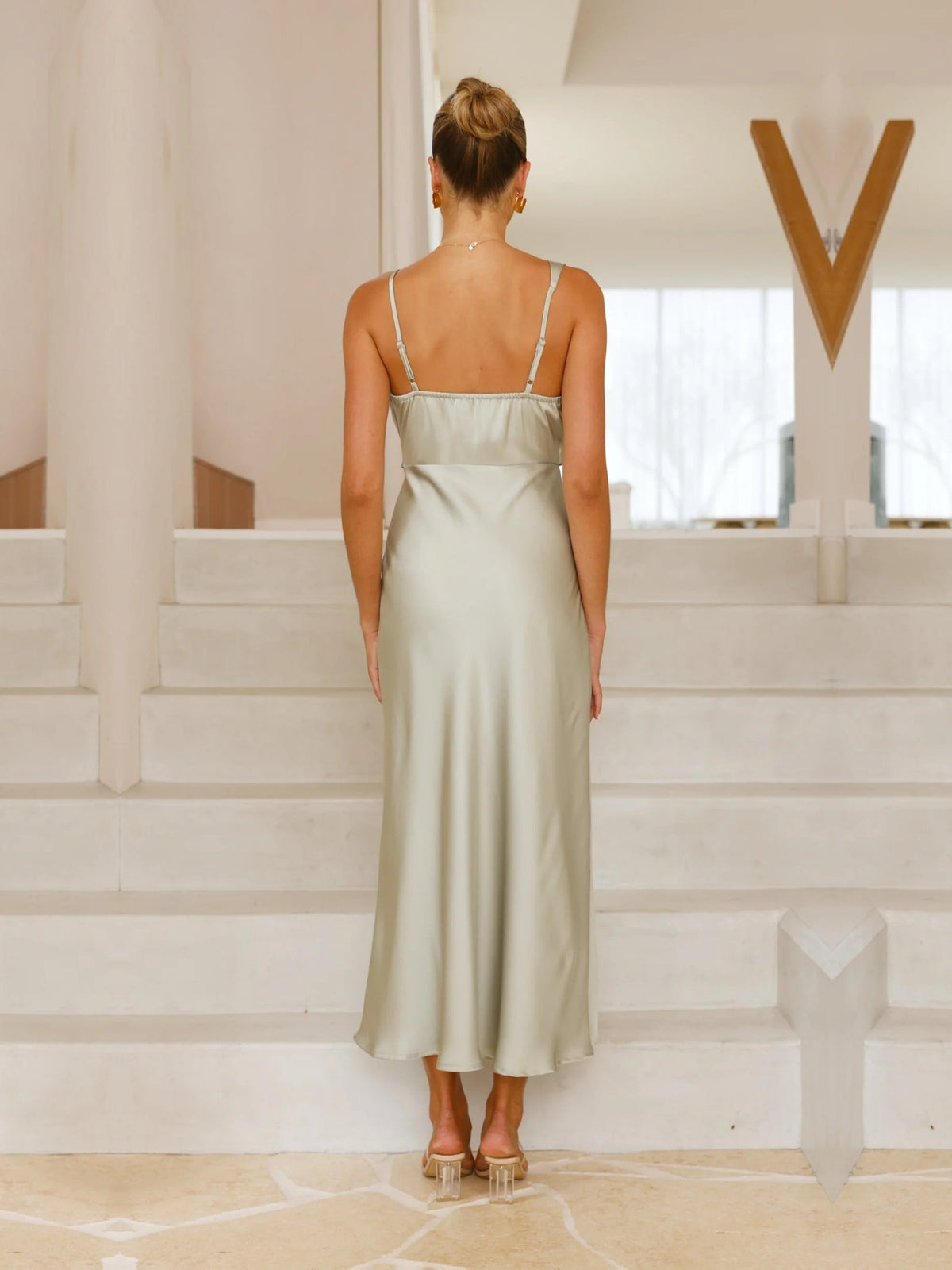 Olive sheath maxi formal dress with cowl neckline, alternate view showing the overall silhouette