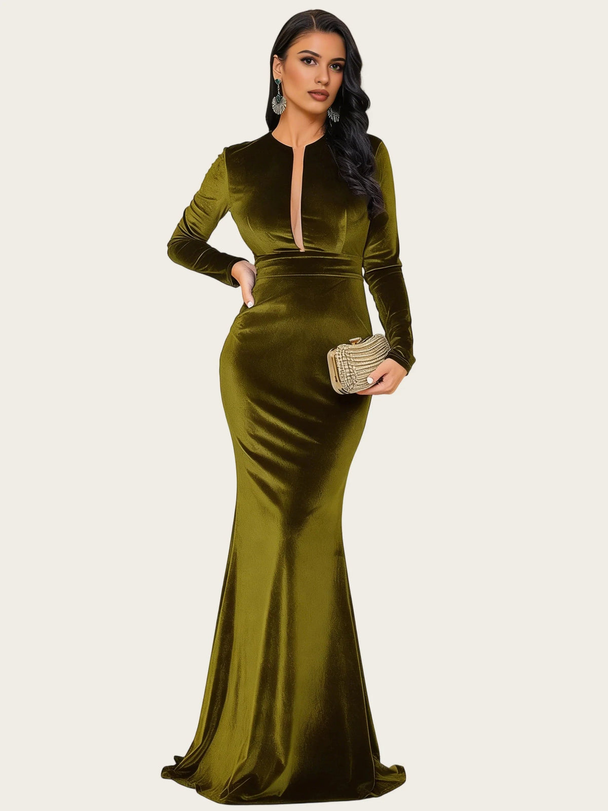 Olive green V-neck long-sleeve mermaid maxi formal dress with fitted waistline