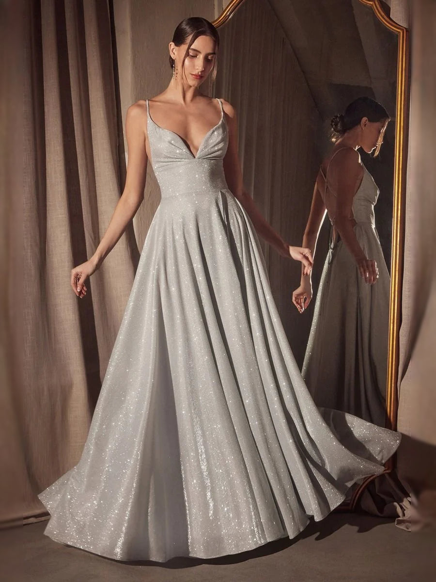 Silver glitter V-neck A-line prom dress with spaghetti straps and pleated full skirt
