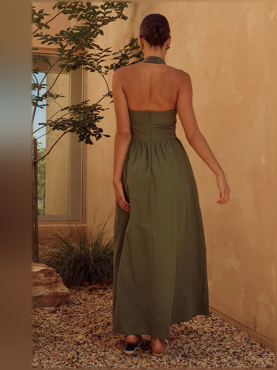 Khaki midi formal dress back view with square halter straps and gathered waist